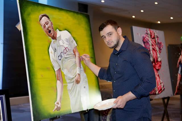 Highest bidders in the auctions went away with items such as a painting of Ollie Robinson taking his first Test wicket for England painted live at the event by artist Bryn Sutcliffe (pictured), hospitality packages at Manchester United and tickets to the Goodwood Qatar Festival