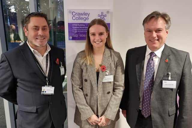 Andy Green (Chief Executive of Chichester College Group), Chloe Harrison (Student President at Crawley College) and Henry Smith MP