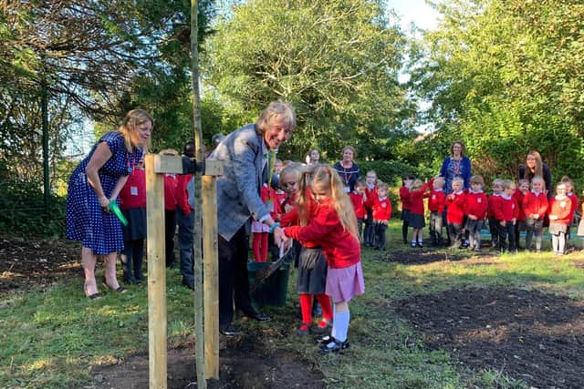 Rumboldswhyke School pupils with the Lord Lieutenant , planting the Queen Elizabeth 1st Cowdray Tree