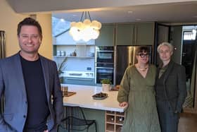 Worthing couple, Rachel and Sarah, with George Clarke from Old House, New Home, in their new completed kitchen. Photo: Channel 4