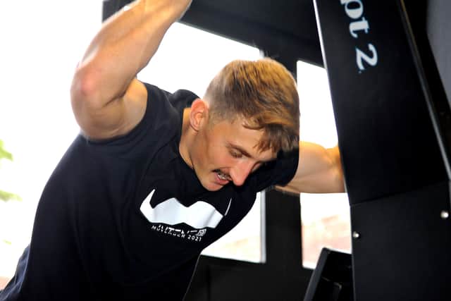 Head Coach at Intent91 Connor during his 4,300 calories challenege on the Ski Erg - that’s 1 calorie for every male suicide in 2019. Pic S Robards