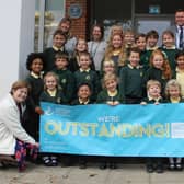 Staff and pupils celebrate the 'Outstanding' Ofsted rating for Lindfield Primary Academy.
