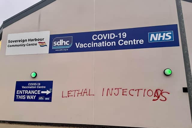 The vandalism on the outside of the Sovereign Harbour Community Centre vaccine hub in Pevensey Bay Road, Eastbourne. Picture from Steve Knott SUS-211123-101630001