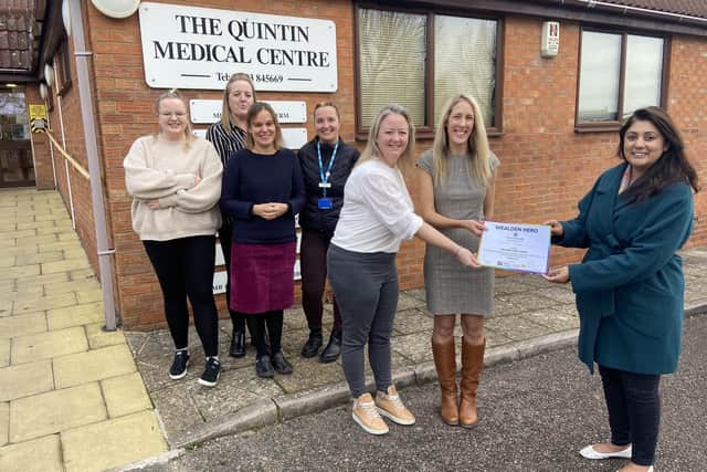 Nusrat Ghani, MP for Wealden, presented the Quintin Medical Centre in Hailsham with the Wealden Hero Award. SUS-211124-093617001