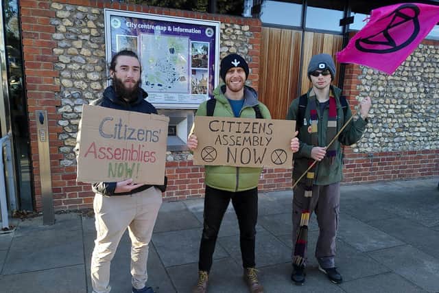 Dozens protested outside Chichester District Council’s building to protest for the Assembly to return. Picture courtesy of George Hibberd
