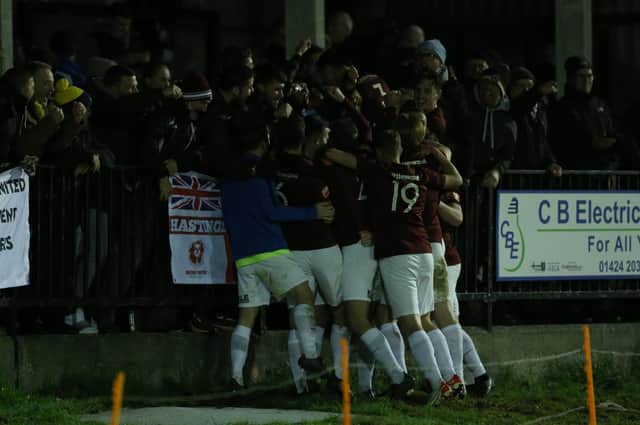 Hastings United celebrate Jack Dixon's late winner against Sittingbourne. Pictures by Scott White