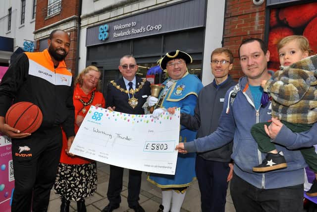 Worthing mayor, mayoress and town crier celebrate Co-op's donations to local organisations. Worthing Thunder. Photo: Steve Robards SR2111192