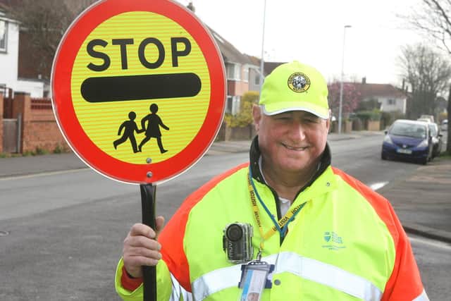 Terry Rickards was the lollipop man for Thomas A Becket Junior School and was the first crossing patrol in Worthing to have a body worn camera. Photo by Derek Martin DM1932155a