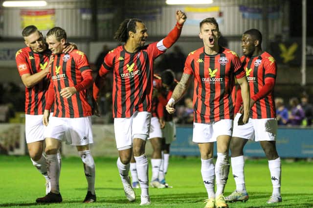 Lewes celebrate a goal in their recent 3-0 Isthmian Premier win over Folkestone Invicta. Picture by James Boyes