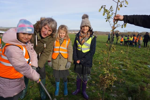 Mrs Susan Pyper, HM Lord Lieutenant of West Sussex, helps plant trees with children from The March Primary School.
