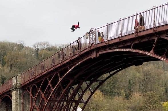 James Williams-Fuller from Cuckfield said he performed a backflip off of the world's first iron bridge in Shropshire after extensive safety checks.