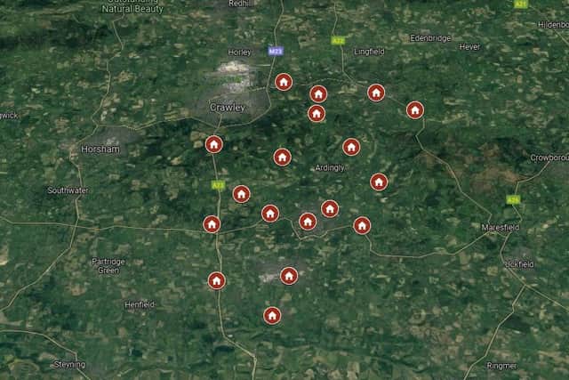 Locations of the planning applications submitted across the Mid Sussex district between November 29 to December 3. Photo: Google Maps