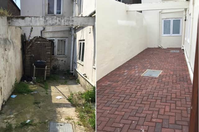 A dilapidated courtyard garden before and after