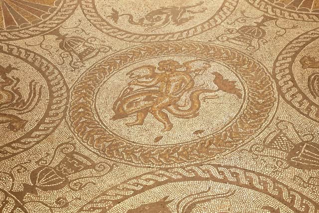 Cupid on a Dolphin mosaic at Fishbourne Roman Palace. Credit:Sussex Archaeological Society Date Shot10-08-2013