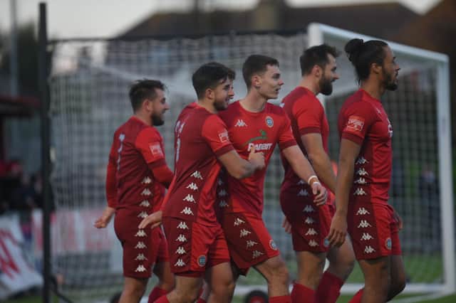 Worthing celebrate on their way to beating Cray Wanderers / Picture: Marcus Hoare