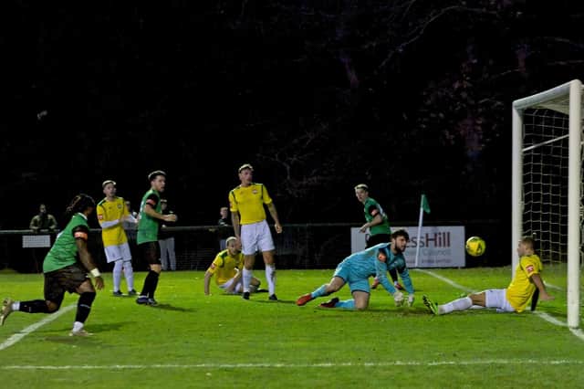 Burgess Hill Town go close against Corinthian - but ended up losing 2-0 / Picture: Chris Neal