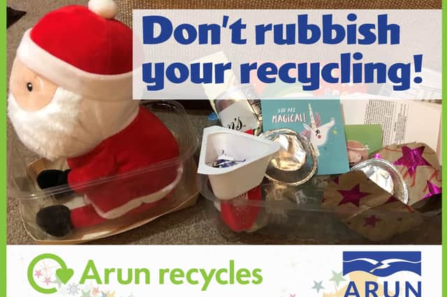 Arund District Council has launched the Don’t Rubbish your Recycling! campaign - a range of hints and tips on what can go in your recycling bin to make the season as green as possible SUS-210912-165549001