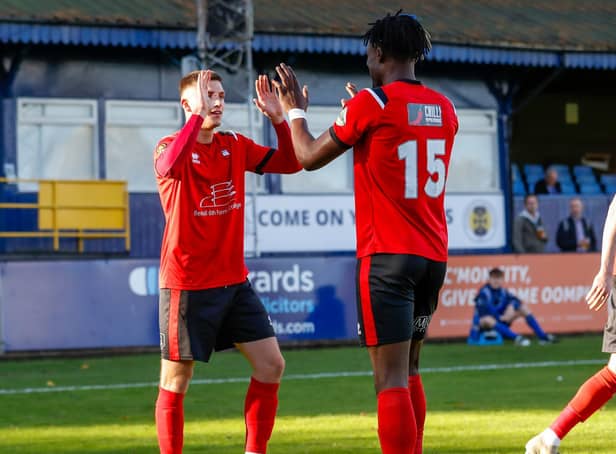 Borough celebrate a goal at St Albans - but will they be doing so when they welcome highly fancied Havant to Priory Lane tomorrow? Picture: Lydia Redman