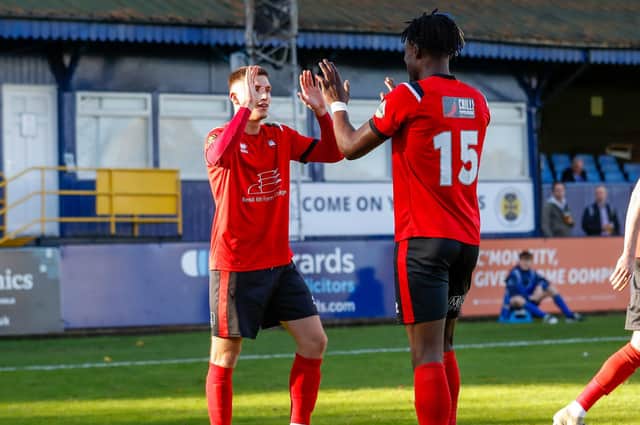 Borough celebrate a goal at St Albans - but will they be doing so when they welcome highly fancied Havant to Priory Lane tomorrow? Picture: Lydia Redman