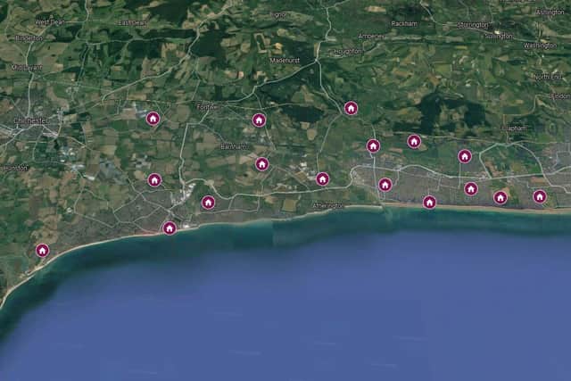 Locations of the planning applications submitted across the Arun district between December 3-10. Photo: Google Maps