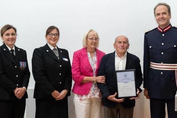 John Akines with assistant chief constable Jayne Dando, superintendent Katy Woolford and East Sussex Lord Lieutenant Andrew Blackman.
