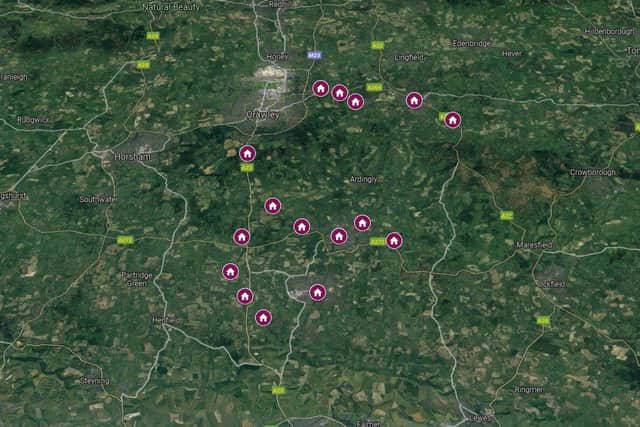 Locations of the planning applications submitted across the Mid Sussex district between December 6-10. Photo: Google Maps