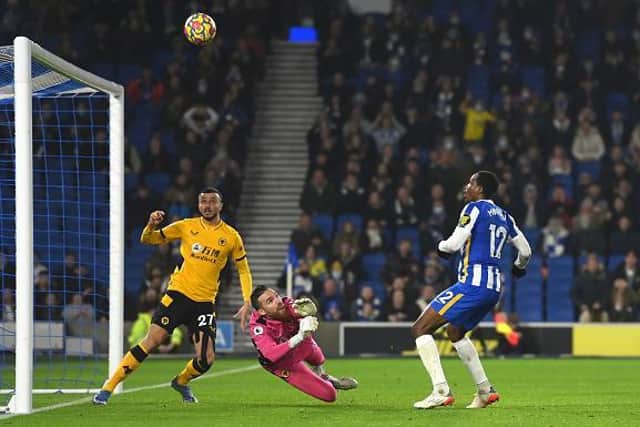Enock Mwepu blazes over from close range against Wolves at the Amex Stadium