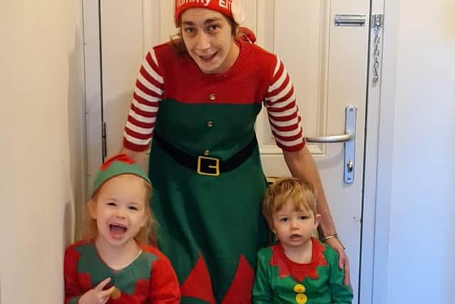 Mummy Elf Larissa Hart and her mini helpers Harleigh, 4, and Greyson, 2, have joined thousands across the UK who are donning their festive attire this month, all in the name of Elf Day for Alzheimer’s Society.