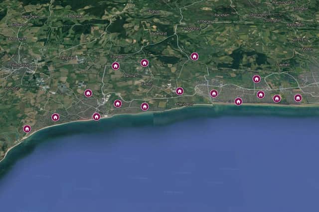 Locations of the planning applications submitted across the Arun district between December 10-17. Photo: Google Maps