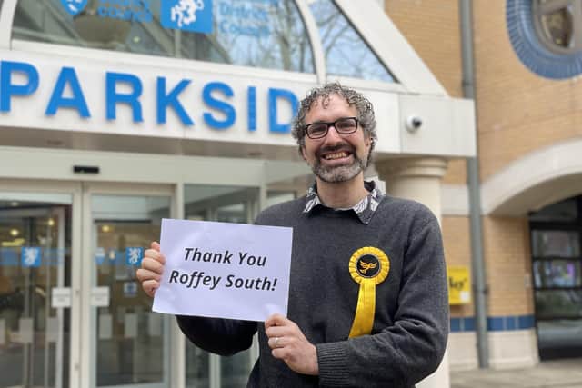 Sam Raby celebrates his by-election win in Roffey South