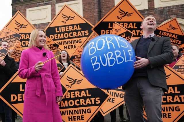 Helen Morgan and Tim Farron of the Liberal Democrats celebrate the by-election win in North Shropshire (Photo by Christopher Furlong/Getty Images)