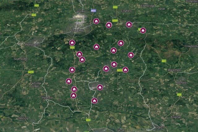 Locations of the planning applications submitted across the Mid Sussex district between December 13-17. Photo: Google Maps