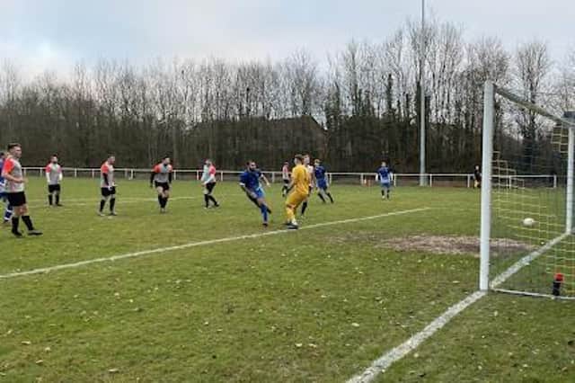 Tiago Andrade makes it 3-1 to Roffey against Montpelier Villa. The skipper went on to score five in Roffey's 8-2 win.