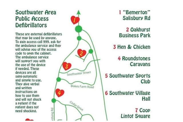 Southwater First Responders' map of Public Access Defibrillators in the area.