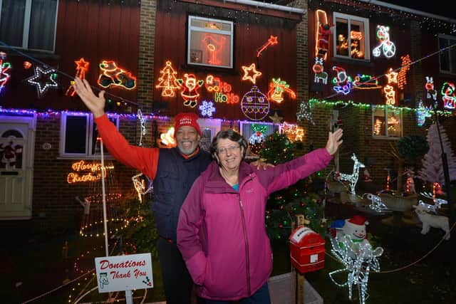 Tina and Bill Symmonds outside their festive home in Thornbush Crescent, Portslade