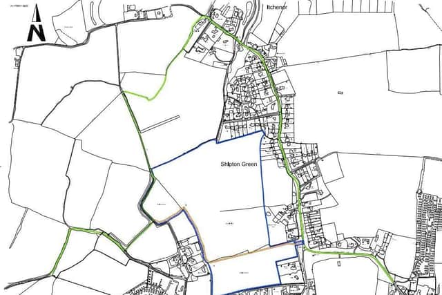 Artist's impression of a proposed new cycle path (in orange) with the existing path around Shipton Green in green SUS-211230-112614003