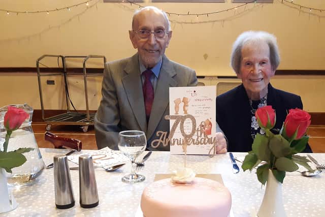 John and Jean Sandles celebrating their 70th wedding anniversary at Offington Park Methodist Church lunch club