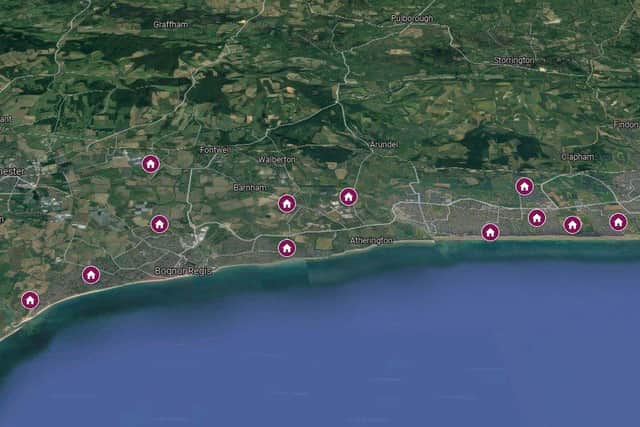 Locations of the planning applications submitted across the Arun district between December 17-24. Photo: Google Maps