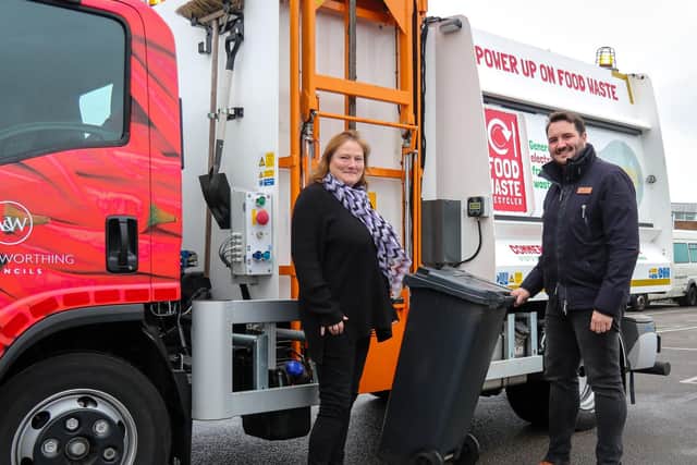 Councillor Emma Evans and Councillorr Edward Crouch beside the new Food Waste truck. Photo Adur and Worthing Councils
