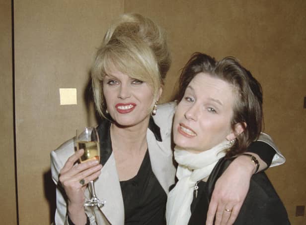 LONDON, ENGLAND - MARCH 30: Actresses Joanna Lumley and Jennifer Saunders at the 'Absolutely Fabulous' movie deal launch party at Daphne's on March 30, 1995 in London, England. (Photo by Dave Benett/Getty Images) 169043037,552264621,146427052