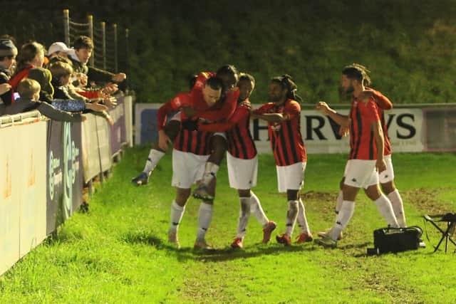 Lewes celebrate a second - and victory-sealing - goal against Bognor / Picture: Angela Brinkhurst