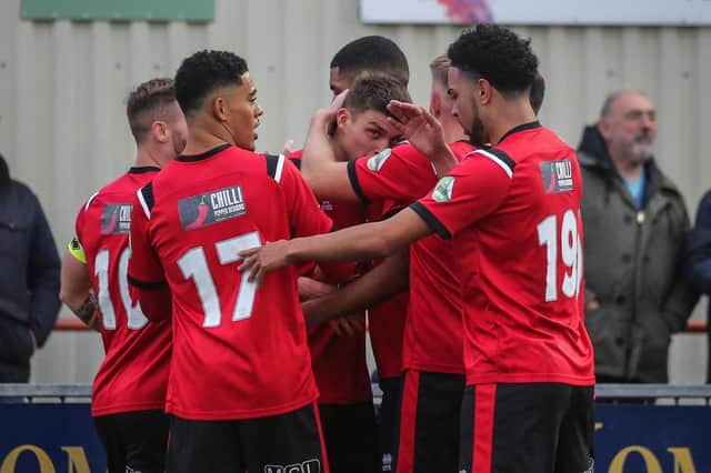 Eastbourne Borough celebrate a goal last time out at Slough - they are due to return to competitive action tomorrow v Oxford City / Picture: Andy Pelling