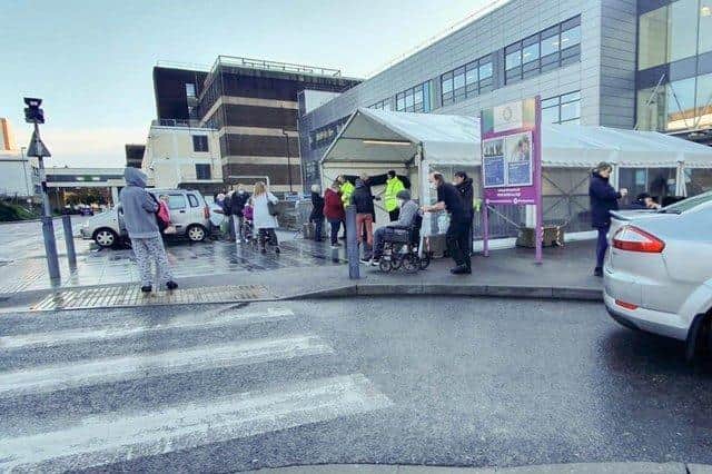 Major incident declared at Queen Alexandra Hospital after significant water leak on Friday 7 January 2022. Pictured: North entrance with a few people outside SUS-220701-155343001