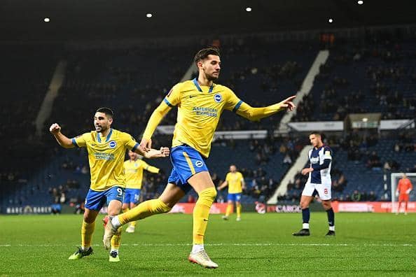 Jakub Moder celebrates his equaliser at West Brom in the FA Cup