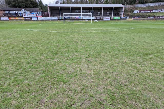 The Hastings United pitch before today's rain / Picture: Simon Rudkins, Hastings Utd