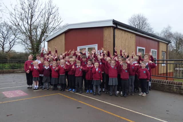 Children outside their new classroom at St James Primary School in Coldwaltham near Pulborough