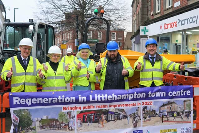 Works began on Monday to transform Littlehampton's high street. Pictured from left to right: Rt Hon Nick Gibb MP,  Michelle Molloy (Mayor of Littlehampton), Jacky Pendleton (Deputy Leader of Arun District Council), Shaun Gunner, Andrew Griffith MP. Photo: Office of Andrew Griffith MP