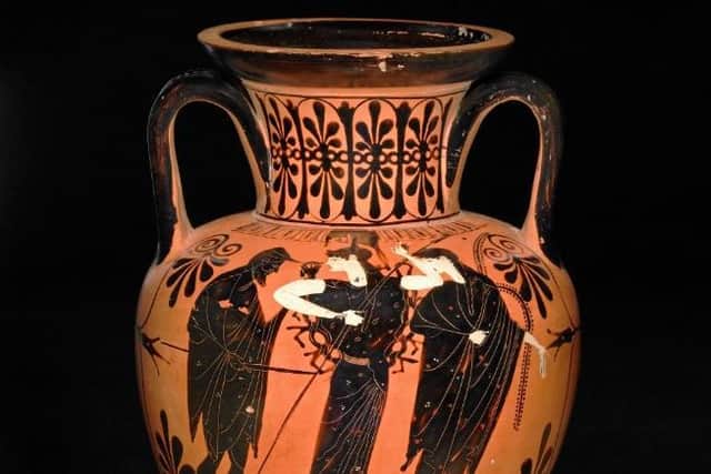 Scene depicts Hermes, left, with goddesses Athena, middle and Aphrodite  preparing for the judgement of Paris. Pottery, 520BC–500BC
The trustees of the British Museum