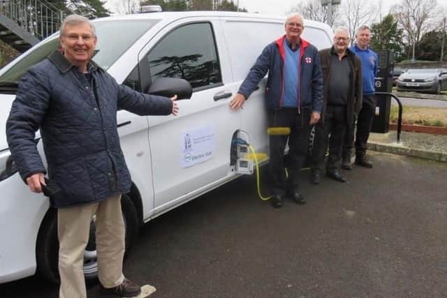 Council leader Mike Pulfer, town mayor Howard Mundin, councillor Jim Knight and head groundsman Andy Stempt welcomed the new Electric Vehicle to the Town Hall in December. Picture: Haywards Heath Town Councillor.