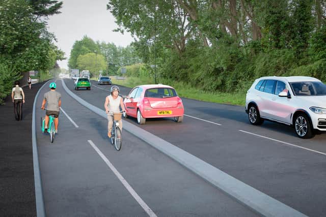 Artist’s impression of the segregated cycle track on the northern side of the Southbourne to Nutbourne carriageway, looking east between the junctions with New Road and School Lane. Image: National Highways